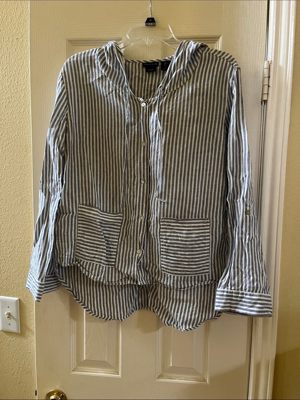 Tahari Blue & White Striped Linen Hooded Shirt-Small